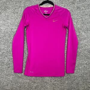 Nike Pro Combat Shirt Womens Small Pink Fitted Long Sleeve‎ Vneck Stretch